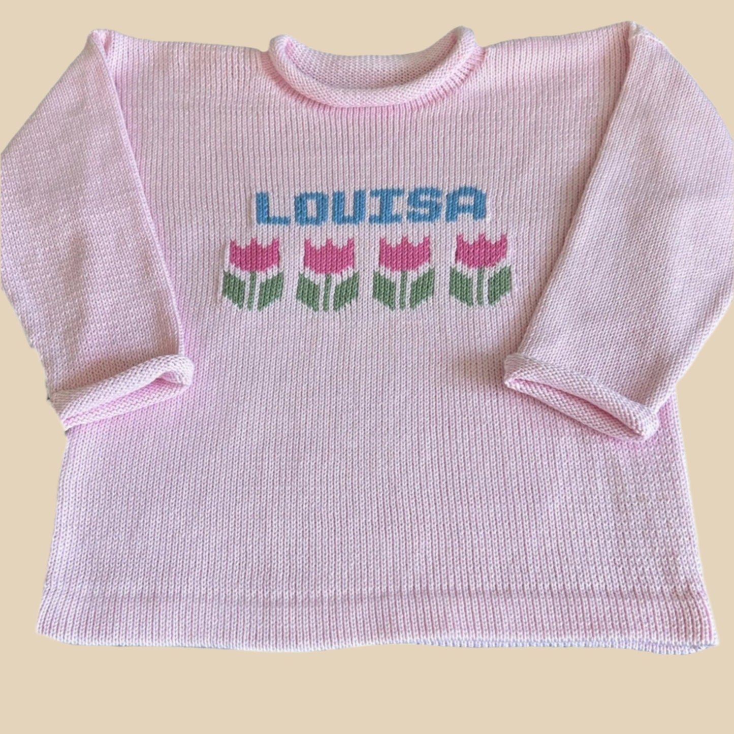 Baby Name Sweater with Tulip Motif - Custom Knits for Baby