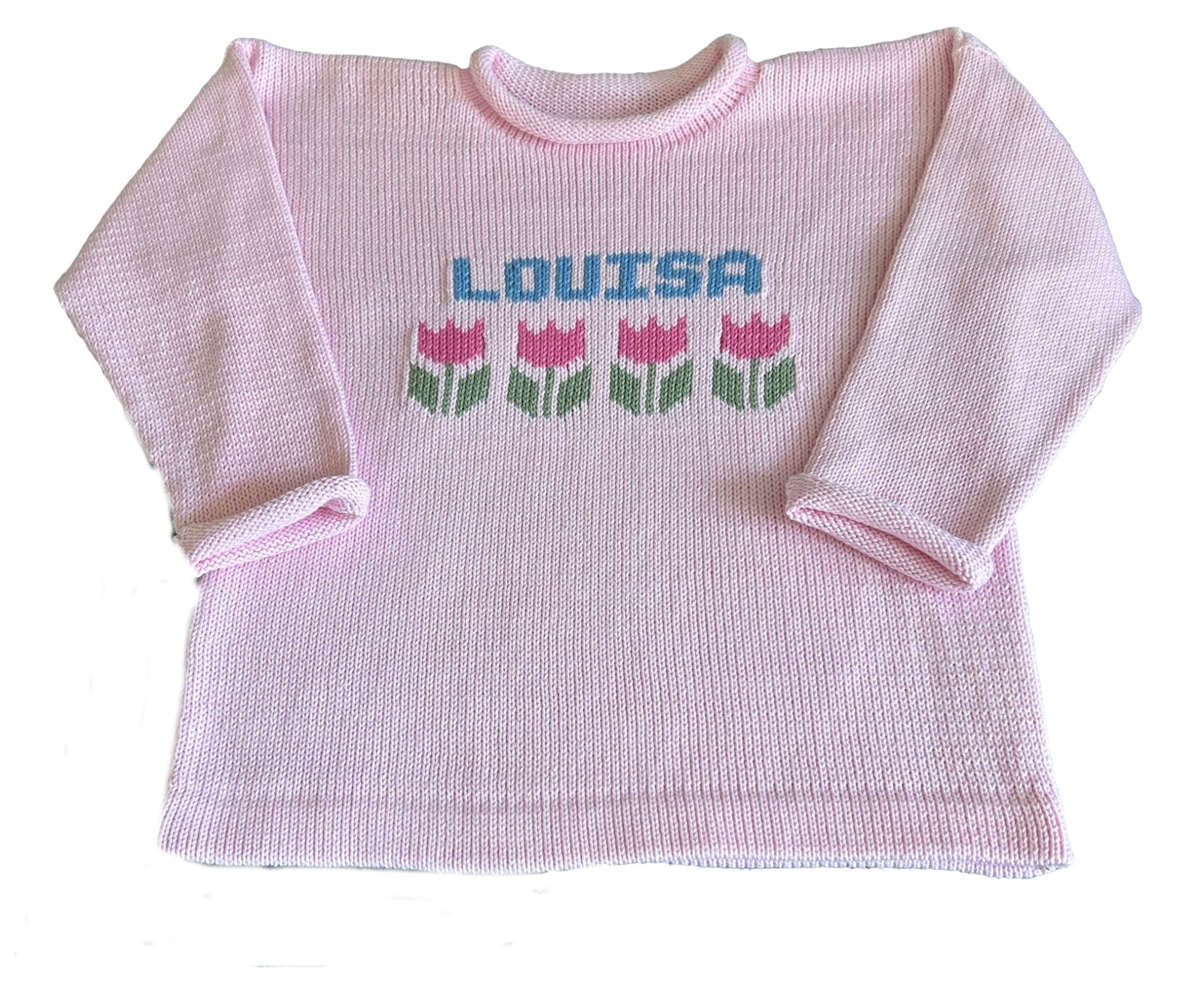 Baby Name Sweater with Tulip Motif - Custom Knits for Baby