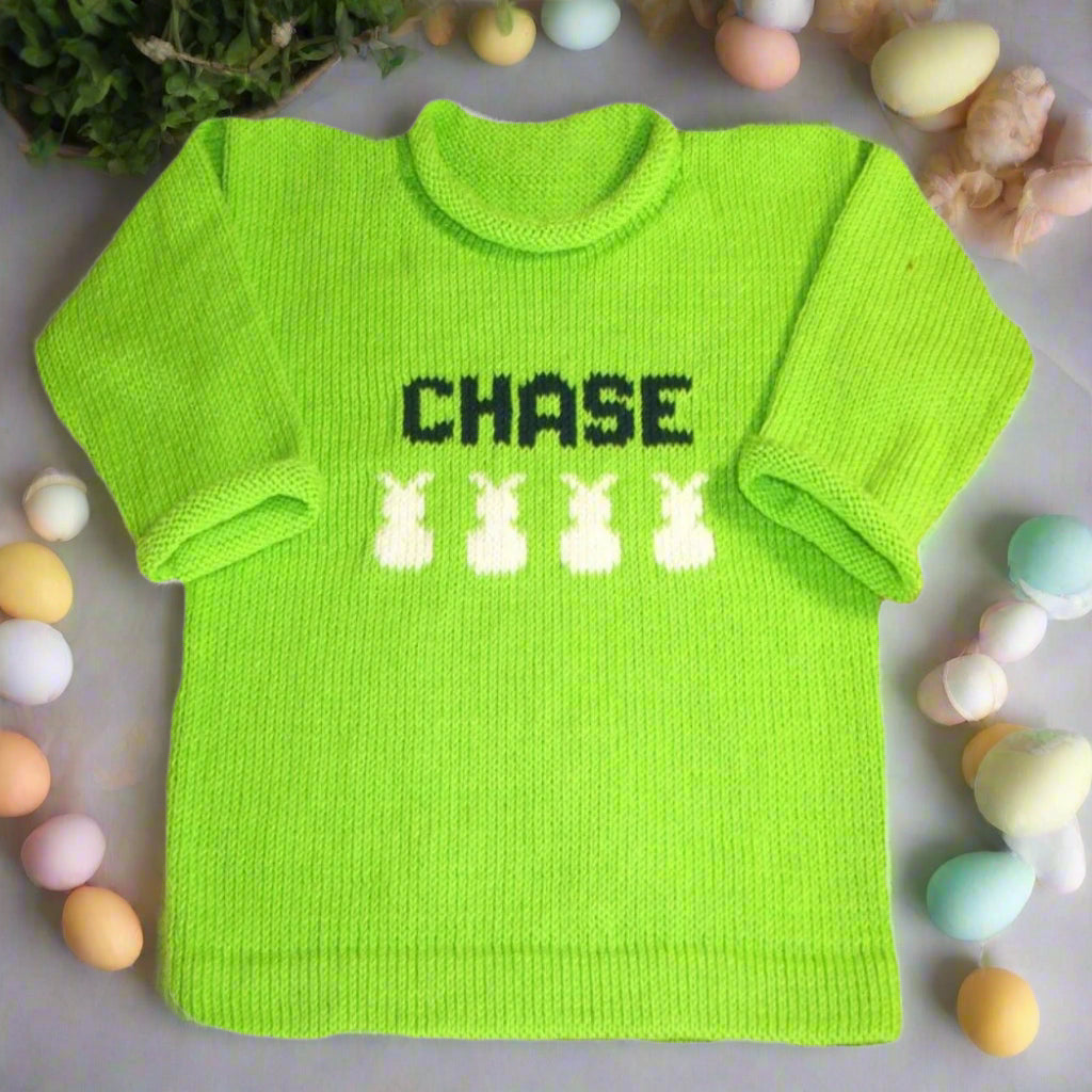 Personalized baby name sweater with bunny design, custom knit cotton pullover for infants and toddlers – perfect Easter or baby shower gift